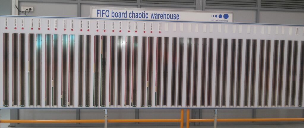 Wireless FIFO display board installed in a warehouse